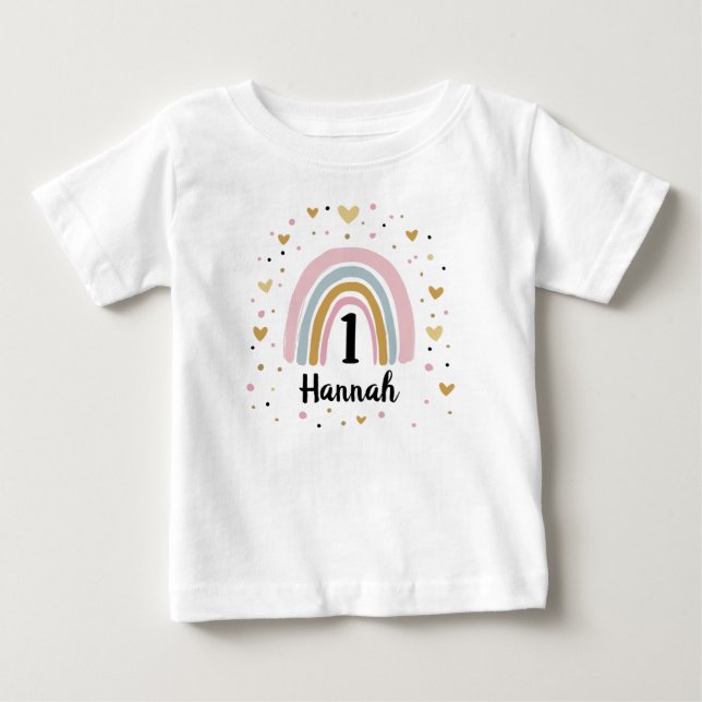 Camisa de bebê de primeiro aniversário arco-íris u (Frente)