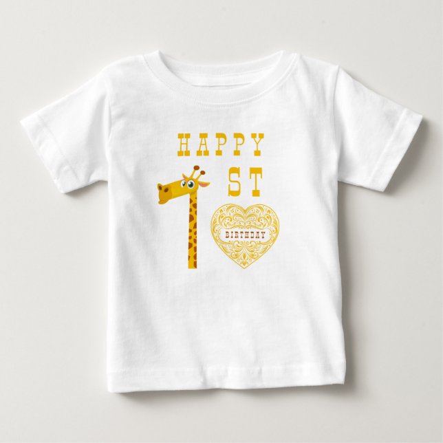 Camisa de bebê Giraffe Heart Primeiro Aniversário (Frente)
