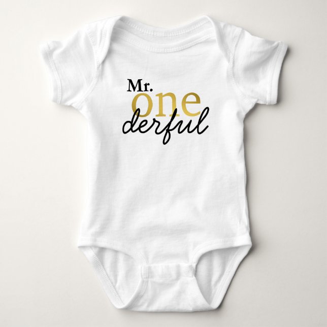 Camisa de Bebê Mr Onederful Preto e Dourado Falso (Frente)