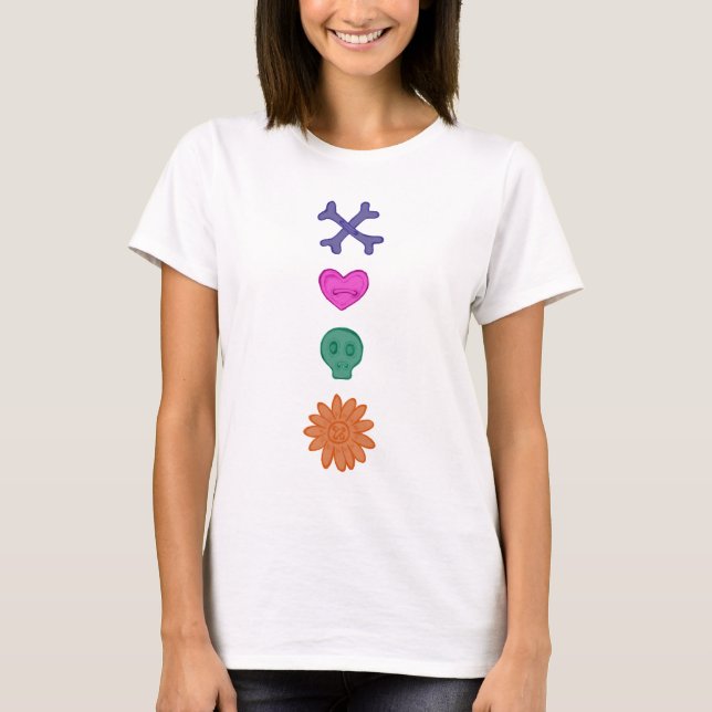 Camisa de Botões Assustadores Caveira, Flor, Coraç (Frente)