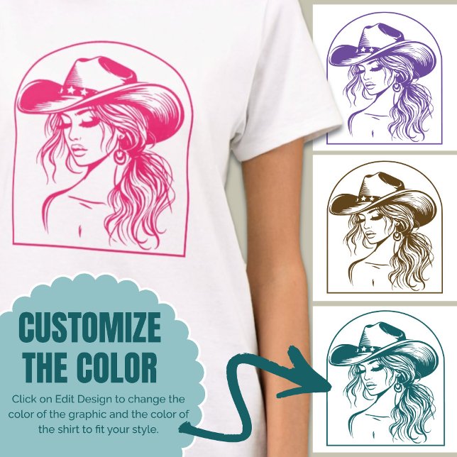 Camisa de Desenho de Linha Cowgirl de Cores Person (Custom Color Coquette Cowgirl Line Drawing Shirt)