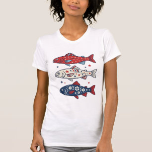 Camisa de Desenho de Três Peixes Patrióticos Vinta