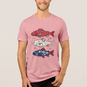 Camisa de Desenho de Três Peixes Patrióticos Vinta