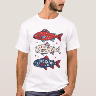 Camisa de Desenho de Três Peixes Vintage Patriótic