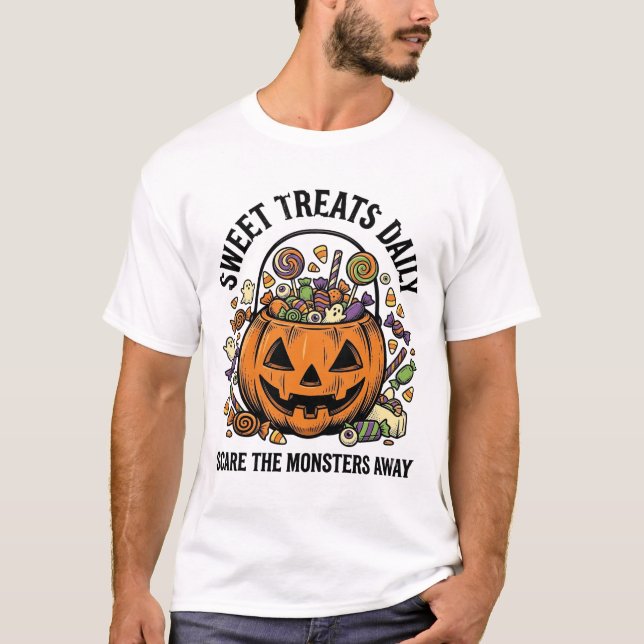 Camisa de Doces de Halloween Desenho de Monstro Fo (Frente)