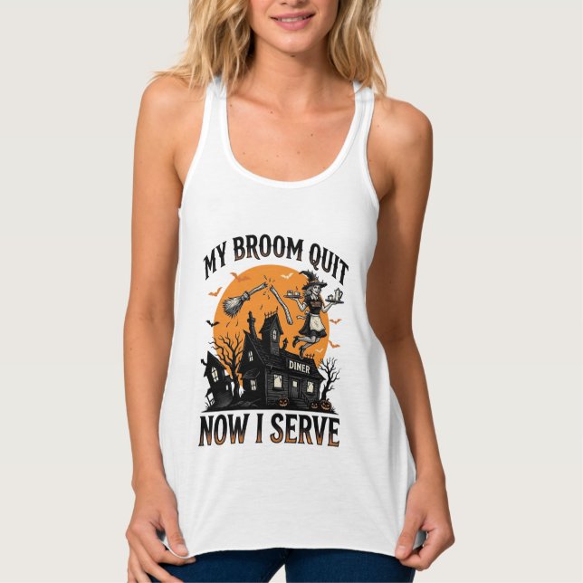 Camisa de garçonete de Halloween Vassoura Quebrou  (Frente)