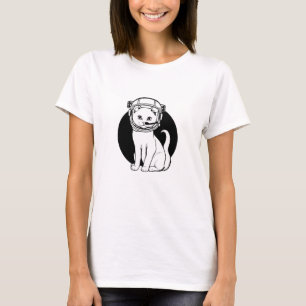 Camisa de gato astronauta para mulheres   Preto e 