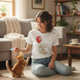 Camisa de Gato Fofo com Balão Vermelho para Mulher