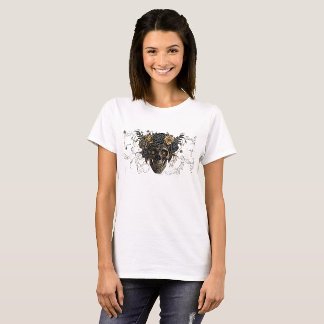 Camisa de Halloween Caveira Floral Marfim |  (Frente Completa)