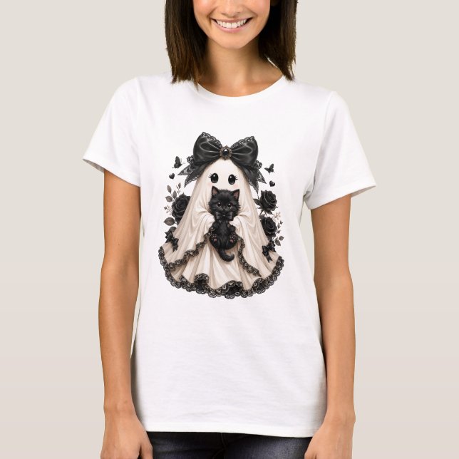 Camisa de Halloween Gótico Fantasma com Gato Preto (Frente)