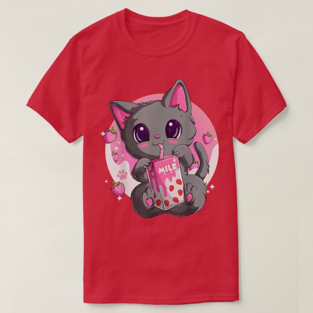 Camisa De Leite De Morango Para Mulheres, Kawaii A (Frente do Design)