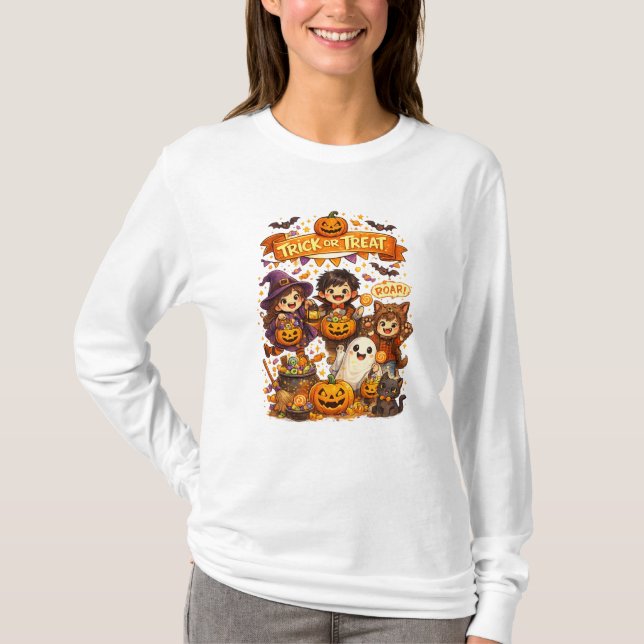 Camisa de Manga Longa de Halloween Cute Trick Or T (Frente)