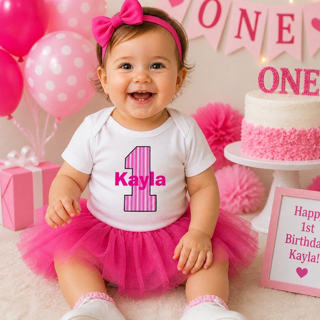 Camisa de Menina de Primeiro Aniversário com Listr (Pink Striped First Birthday Girl Shirt )