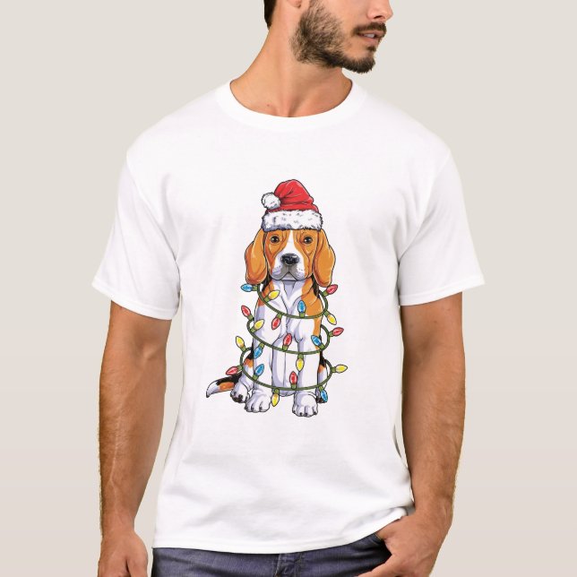 Camisa de Natal Beagle Camisa Santa Hat Luzes de N (Frente)