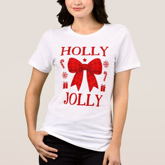 Camisa de Natal com Laço de Gingham Vermelho Holly (Frente)
