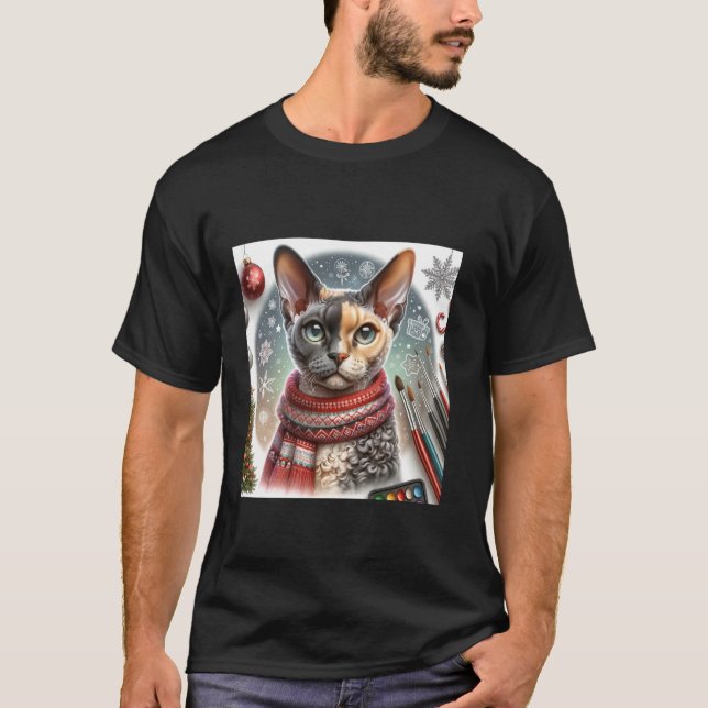 Camisa de Natal de Gato Devon Rex Roupas Festivas  (Frente)