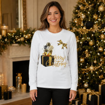 Camisa de Natal Elegante Preto e Dourado Manga Lon