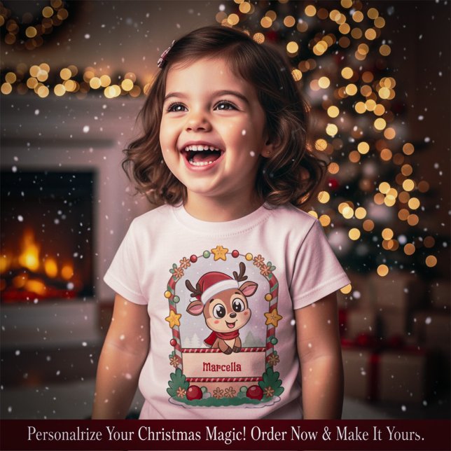 Camisa de Natal para Bebê com Nome Personalizado d (Custom Name Christmas Reindeer Toddler Shirt)