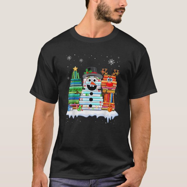 Camisa de Pilha de Livros com Árvore de Natal Bone (Frente)