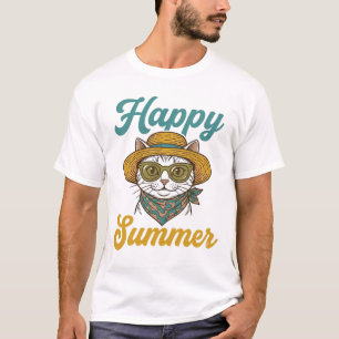 Camisa de Verão Feliz Gato Vintage Gravura Design_