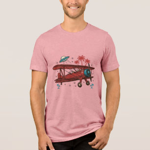 Camisa de Viagem Tropical OVNI Biplano Vintage Des