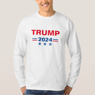 Camisa do acrônimo TRUMP 2024 com mensagem em negr
