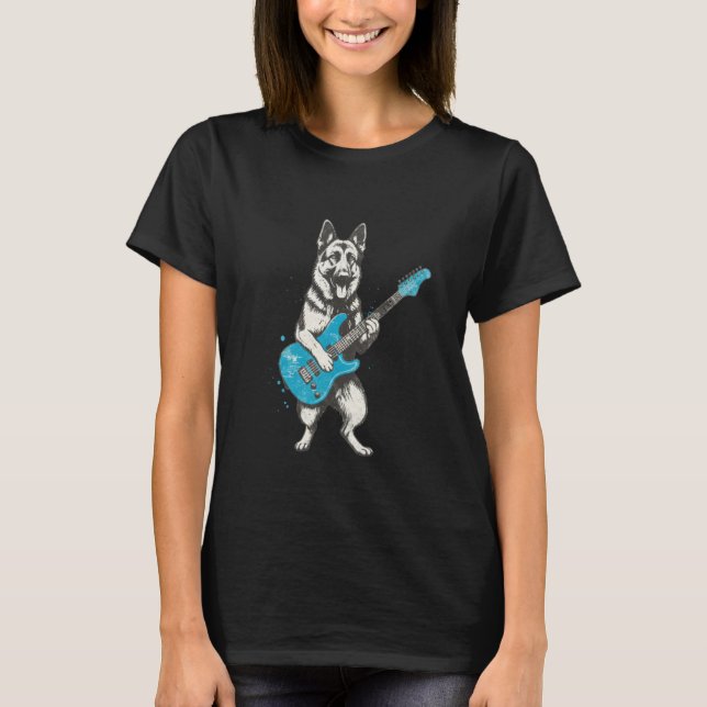 Camisa do Cão Pastor Alemão Tocando Guitarra - Div (Frente)