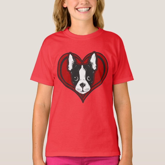 Camisa do coração da Boston Terrier da menina (Frente)
