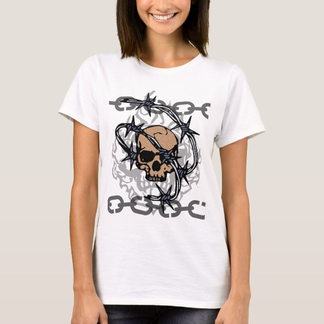 Camisa do crânio enfiada em bobwire (Frente)