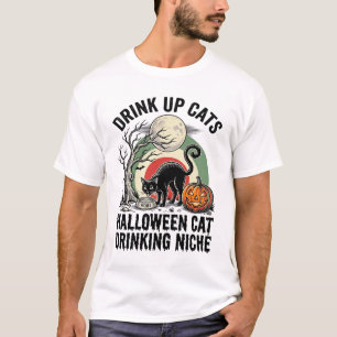 Camisa do Gato de Halloween Bebendo Lua Vintage Pa
