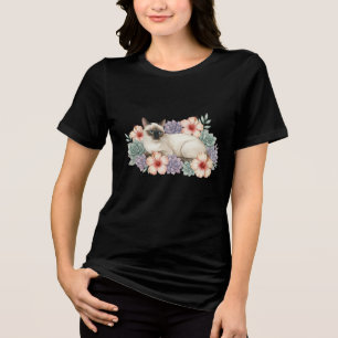 Camisa do Gato Siames e Flores Tropicais em Aquare
