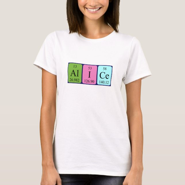 Camisa do nome da mesa periódica de Alice (Frente)
