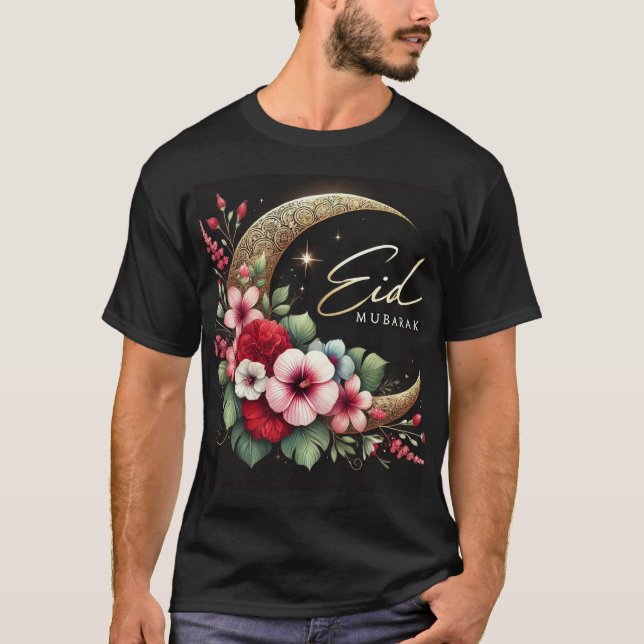 Camisa Eid Mubarak Mens do Crescente Floral (Frente)