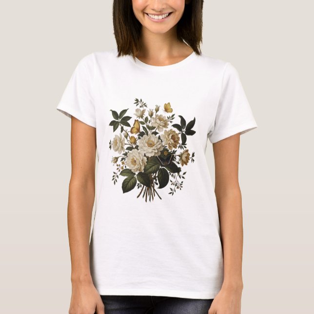 Camisa Elegante com Gráfico Floral e Borboleta (Frente)