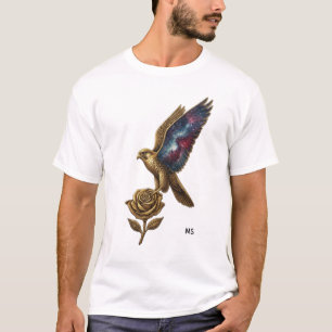 Camisa Elegante Pássaro Dourado e Rosa Arte