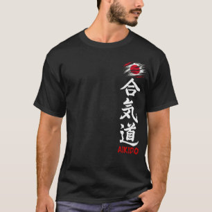 Camisa Escura Aikido Kanji Com Bandeira Japonesa