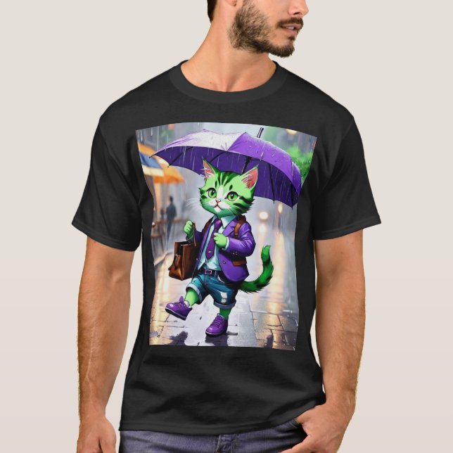 Camisa Escura Básica Um gato encantador na chuva (Frente)