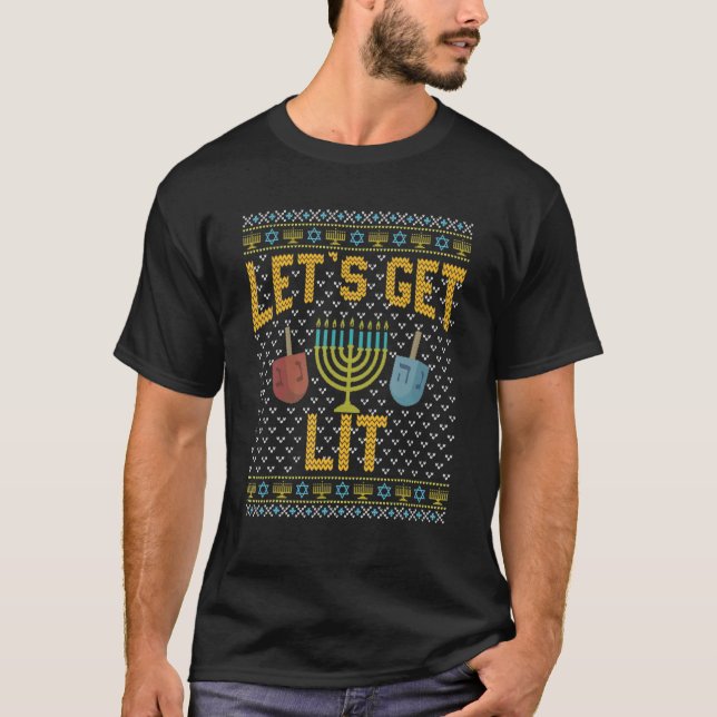 Camisa Feia de Hanukkah Vamos Ficar Bêbados Bebend (Frente)