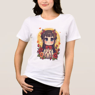 Camisa Floral de Anime Chibi Fofa Raposa Kawaii