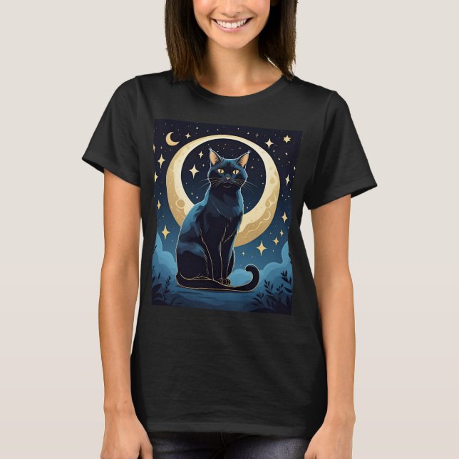 Camisa Gato Celestial - Lua Mística e Estrelas Sob (Frente)