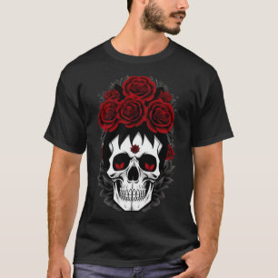 Camisa gótica de flores vermelhas do crânio