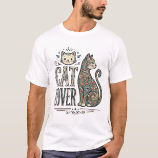 Camisa Gráfica Estilo de Gravura de Amante de Gato