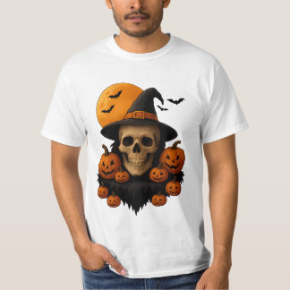 Camisa Halloween Crânio Com Abóboras e Chapéu de B