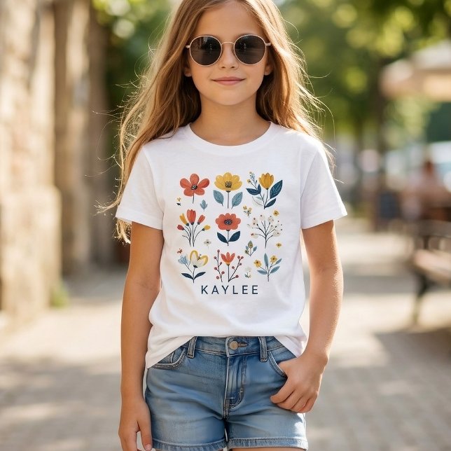 Camisa Infantil Floral com Nome Personalizado, Pre (floral kids t shirt gift, spring flower toddler shirt gift, custom name kids birthday shirt)