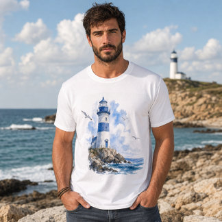 Camisa masculina Lighthouse Coastal Azul e Branco