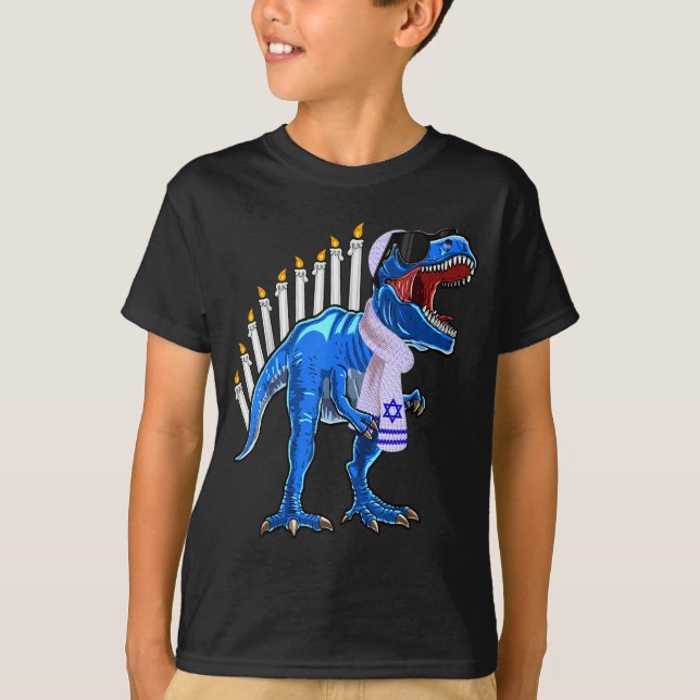 Camisa Menorasaurus Rex T Rex Dinossauro Hanukkah  (Frente)