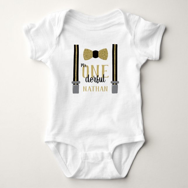 Camisa Mr ONEderful Birthday em Preto e Dourado Fa (Frente)