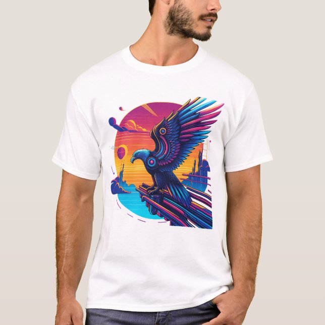 Camisa Neon Eagle Synthwave Retro Sunset Cyber Art (Frente)