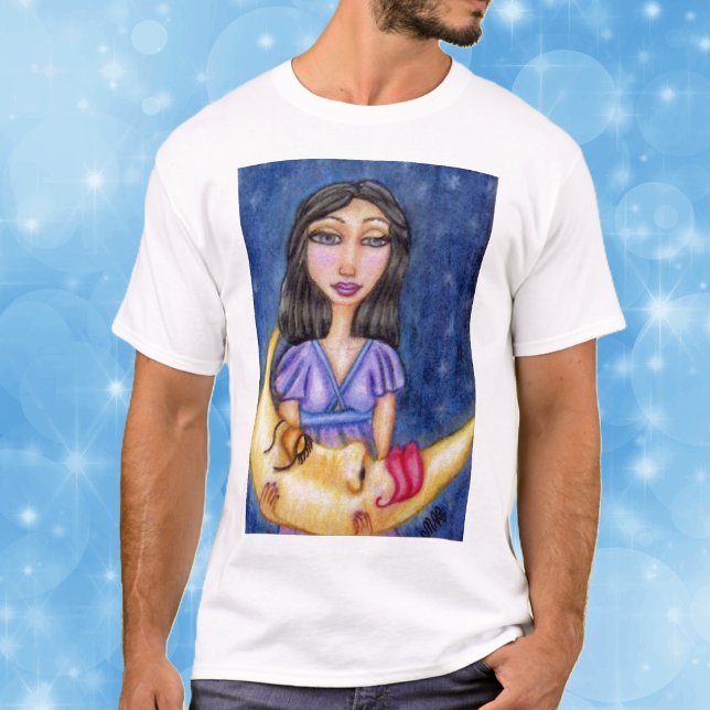 Camisa Noturna da Lua Adormecida (Women in purple dress night sky stars holding sleeping yellow crescent moon on tee shirt.)