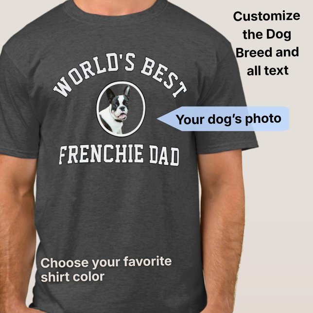 Camisa Personalizada com Foto do Melhor Pai de Cac (The best varsity t-shirt for the world's best dog dad. Customize the dog breed and photo.)